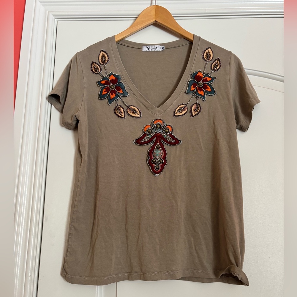 THINK Embroidered V-Neck Top - Brown. Size Medium